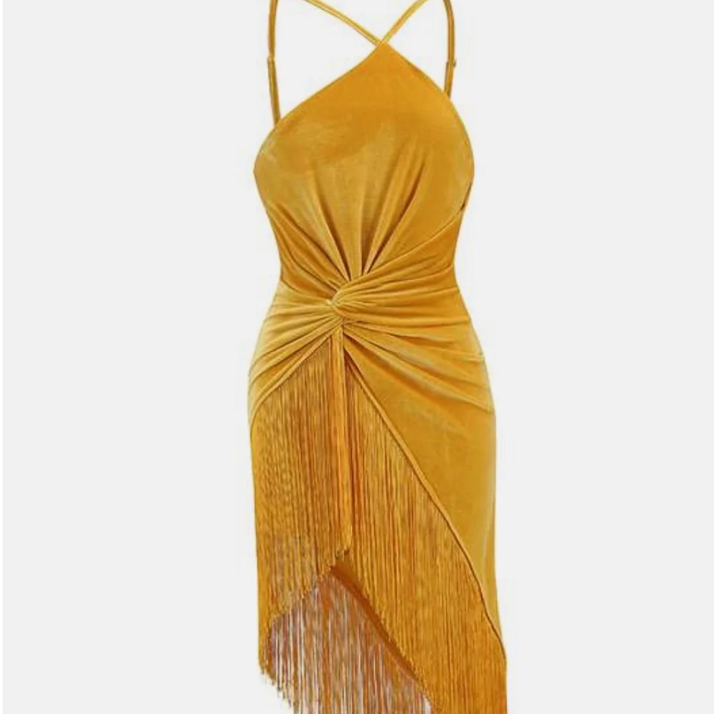 Yellow halter velveteen fringe dress